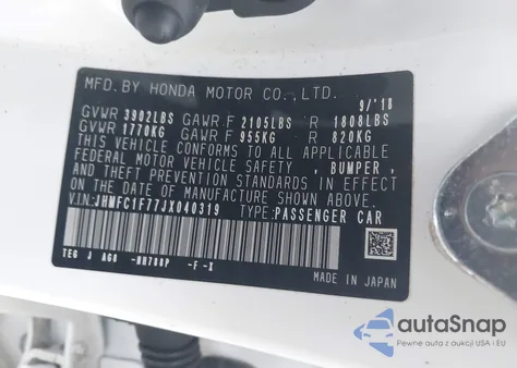 2018 Honda Civic Ex-L z USA, uszkodzony, nr VIN JHMFC1F77JX040319